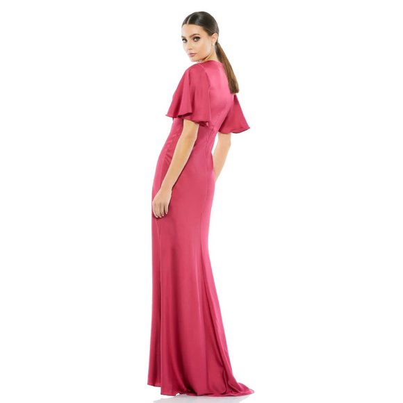 Ieena for Mac Duggal Flounce V-Neck Charmeuse Gown in Raspberry Size 2 - Picture 3 of 9